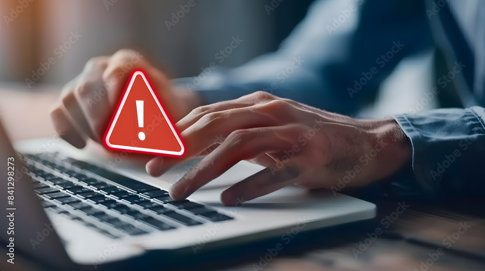 Poster man typing on laptop with red exclamation mark sign. warning about cyber attack