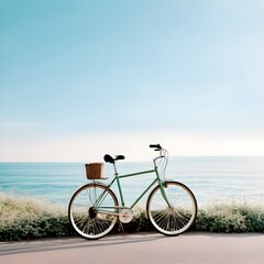 Fototapeta premium Summer Beach Ride: Cycling Along the Shore with a Clear Blue Sky