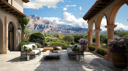 Obraz premium Mansion home outdoor plaza patio. Outdoor patio of an Arizona Italian mansion with mountains in background 