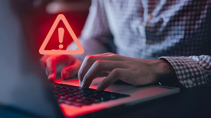 Man typing on laptop with red exclamation mark sign. warning about cyber attack 