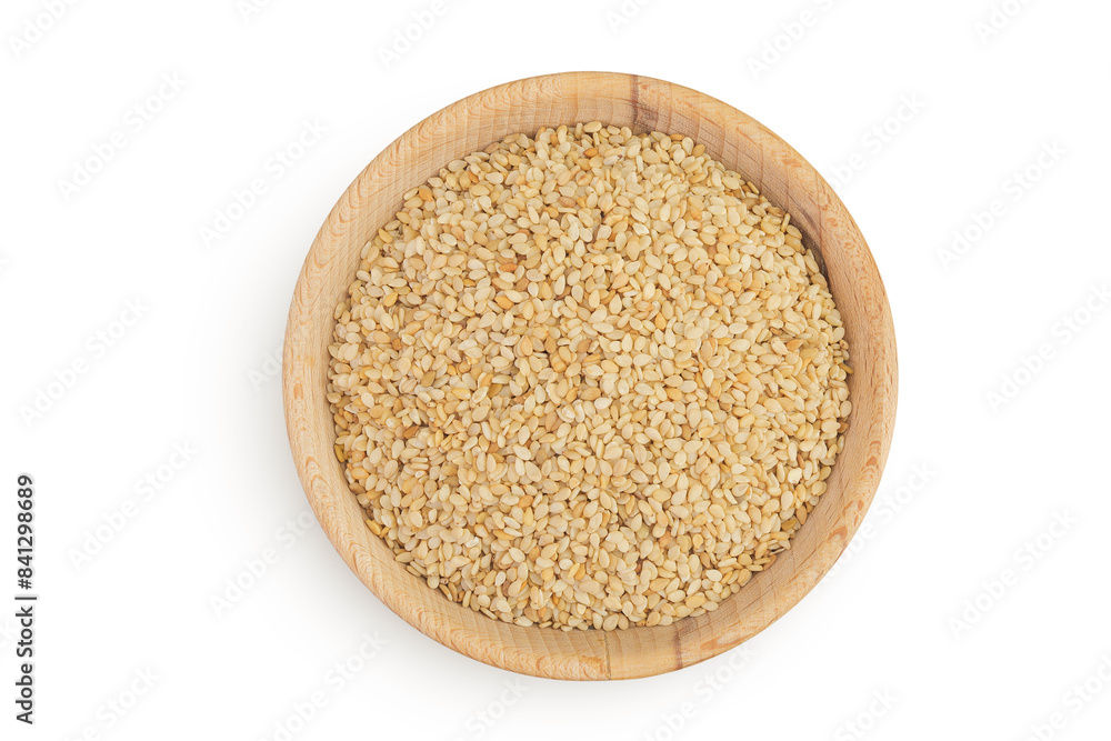 Poster Sesame seeds in wooden bowl isolated on white background. Top view. Flat lay