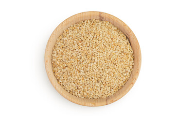 Sesame seeds in wooden bowl isolated on white background. Top view. Flat lay