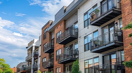 Fototapeta premium Apartment building with rental signs, highlighting the residential options available for those seeking to rent in a bustling urban area
