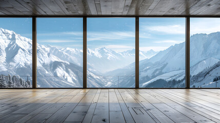 Modern empty room with floortoceiling windows overlooking snowy mountains. wooden flooring. minimalist style. clean background 
