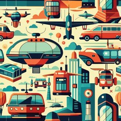 Naklejka premium Seamless pattern of futuristic transportation motifs like hovercars and drones, for a high-tech urban aesthetic, Generative AI