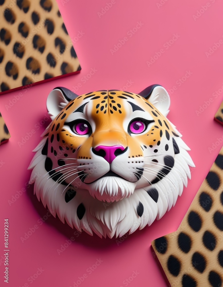 Poster a close-up of a leopard face mask with vivid colors and striking details set against a bright pink b