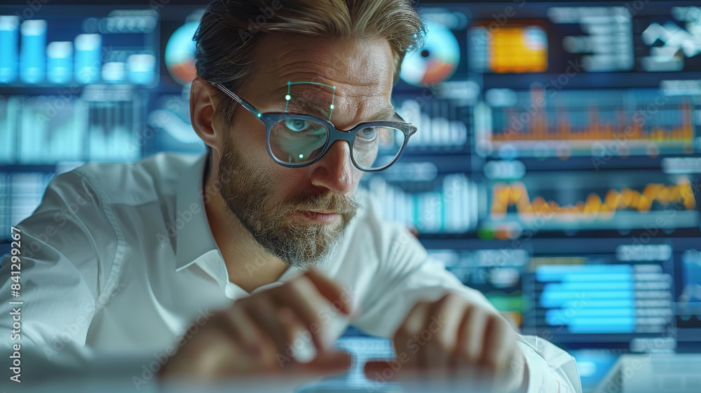 Poster Manager conducting a financial analysis with augmented reality graphics, highlighting progress, revenue trends, and strategic investments for the upcoming year. Generative AI.