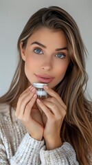 Naklejka premium Beautiful smiling young woman with clean skin holding facial essential oil or serum with dropper, rejuvenation and skin care, white background