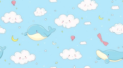 A cute whale with clouds, sky background, shameless pattern, flat design top view