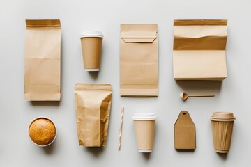 A selection of brown paper bags and a cup of coffee