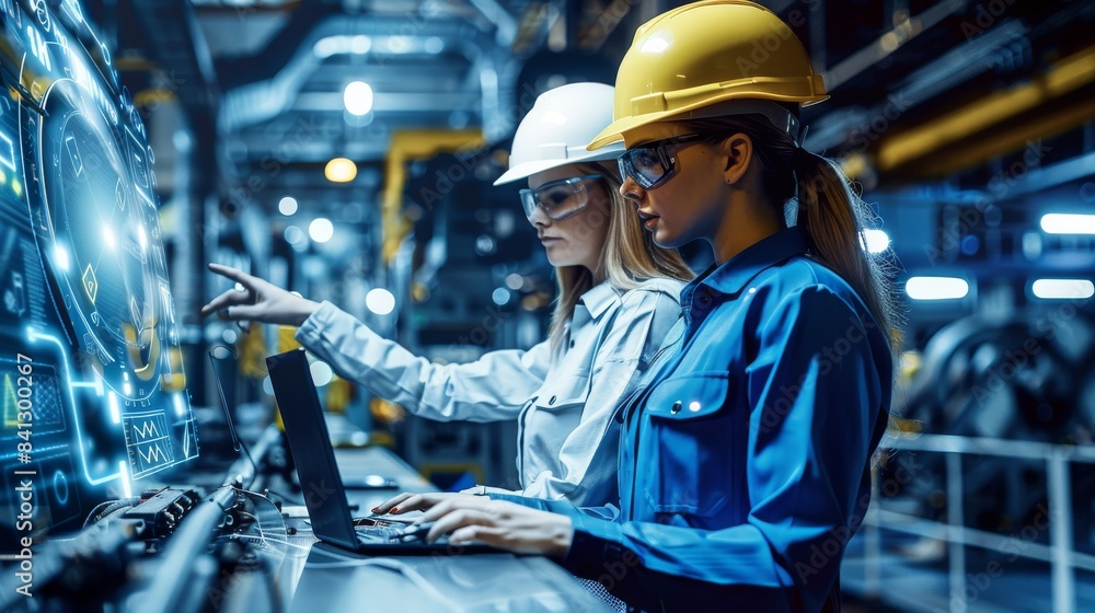Leinwandbilder two industrial engineers in hard hats talk about a new project while using a laptop. they work at a 