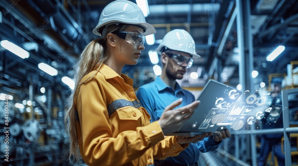 Aufkleber Two industrial engineers in hard hats talk about a new project while using a laptop. they work at a heavy industry manufacturing factory. Generative AI.