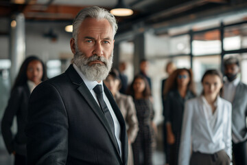 a man with a beard and a suit standing in front of a group of people