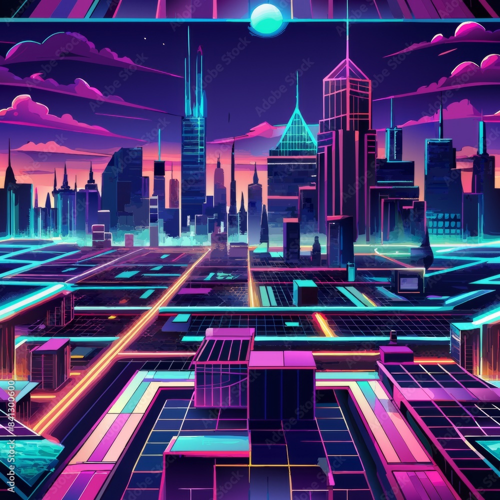 Wall mural eamless pattern of neon lights and glowing lines, reminiscent of a digital cityscape at night, gener