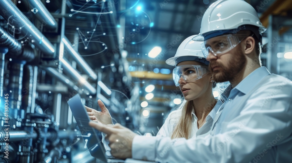 Poster two industrial engineers in hard hats talk about a new project while using a laptop. they work at a 