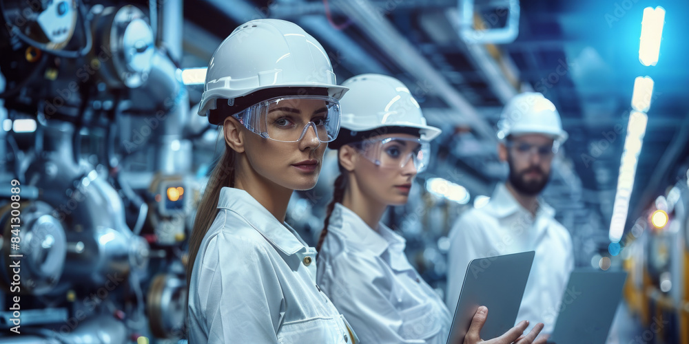 Aufkleber two industrial engineers in hard hats talk about a new project while using a laptop. they work at a 