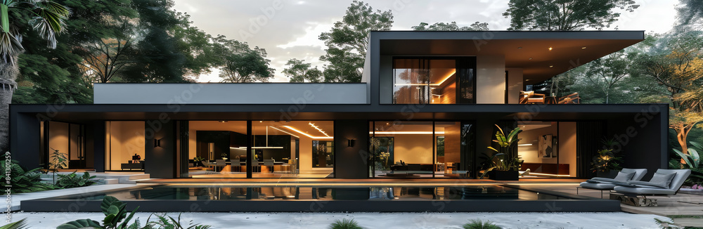 Poster modern house with pool, surrounded by trees and plants. designed in an elegant style with minimalist