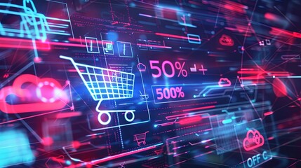 Abstract background with digital shopping carts, product icons, and a bold 50 OFF text, representing a vibrant online sale. Generative AI