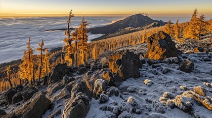 A serene winter scene featuring a snowy mountain range with a few trees in the foreground, perfect for use in travel or outdoor-related projects