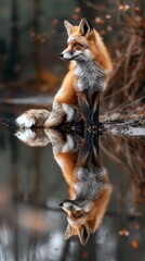  A fox with smooth fur sits by the river and looks at his reflection in the water.