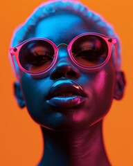  african lady with blond bob wearing pink sunglasses, bold fashion photography, dark orange and light blue, smooth and shiny