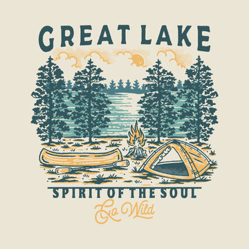lake illustration canoe graphic camping design forest badge camp fire vintage outdoor