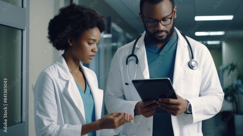 Poster two researchers studying information on a tablet computer, possibly in a laboratory setting