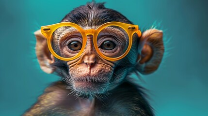 Portrait of a cute monkey wearing yellow glasses on a turquoise background