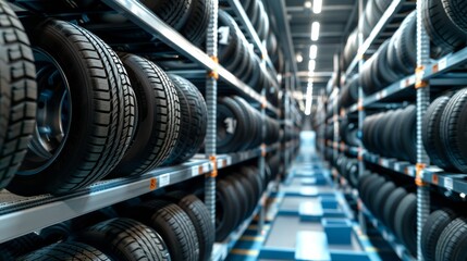 Fototapeta premium a car tire storage room with rows of tires displayed for easy access, highlighting organization in a service shop