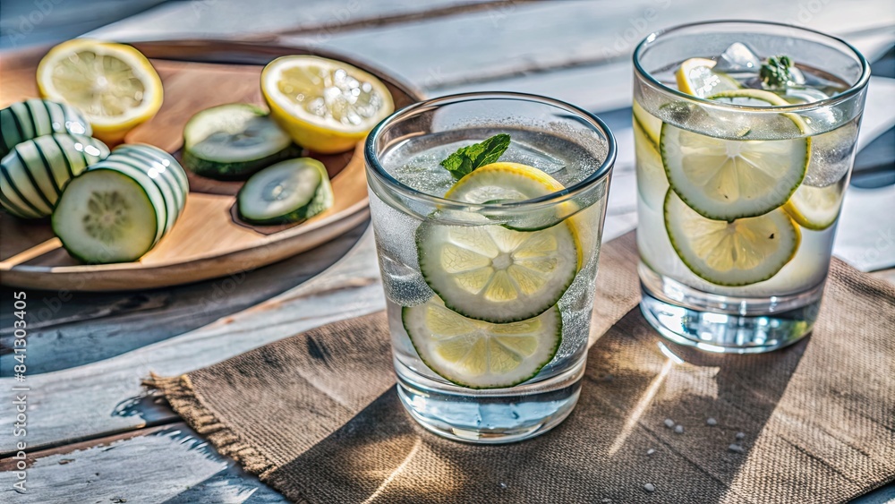 Poster Glasses of cucumber lemonade on a wooden table.