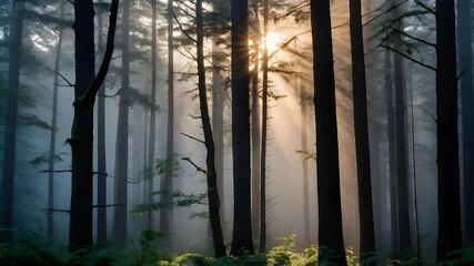 Fototapeta premium A breathtaking portrayal of the first light of day cascading over a vast desert landscape. Enchanted Forest Mist: A mesmerizing depiction of a misty morning in a dense forest