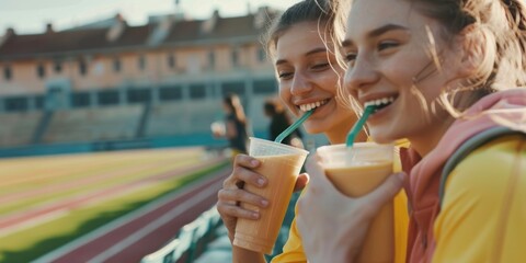 Two women enjoying drinks and socializing at an outdoor stadium event