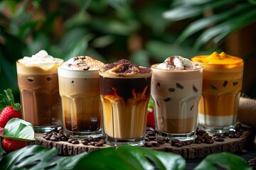  Variety of organic coffee drinks on a natural background