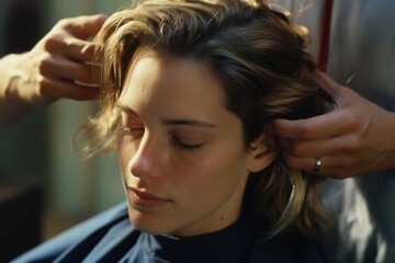 Fototapeta premium A woman sitting in a salon chair having her hair styled and cut by a professional hairstylist