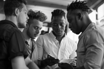 Group of men gathered around a cell phone, possibly discussing or comparing features