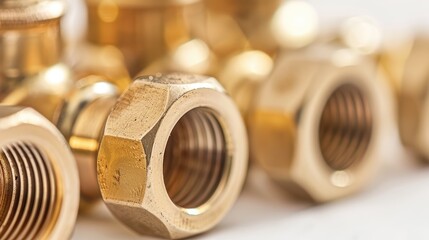 Close up of brass fittings for water on a white background