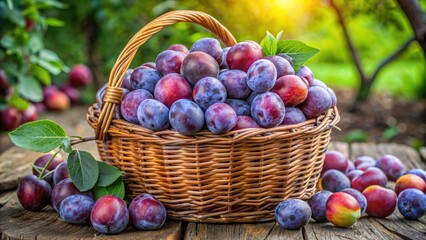 Fresh plums in a wicker basket.