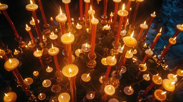 A group of candles with flames lit up