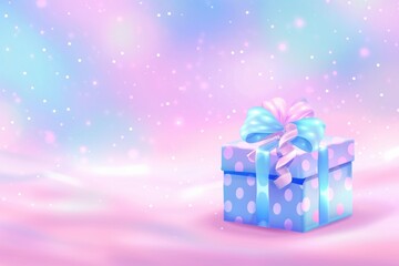 Fototapeta premium A blue gift box tied with a bow on a pink background
