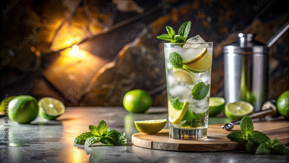 Sticker classic cocktail with lime and mint on a rustic table.