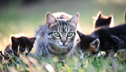 Fototapeta premium Beautiful cat family in sunny garden grass.