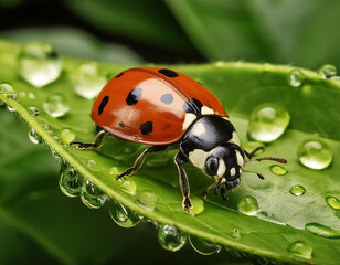 Fototapeta premium Detailed and vibrant ladybug on green leaf with water drops.