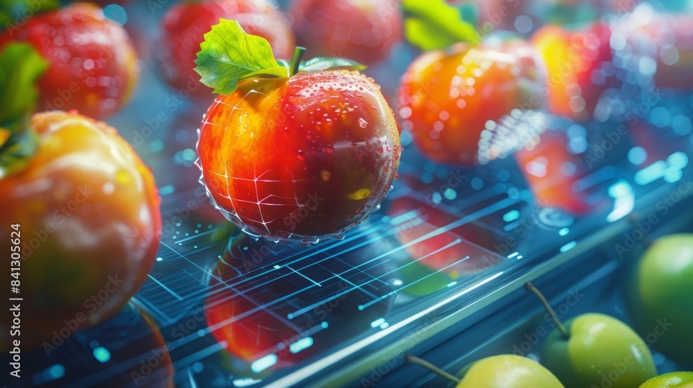 Aufkleber closeup shot of an automated fruit sorter using ai technology to identify and sort out damaged or br