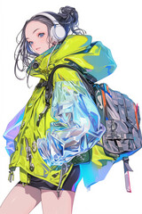 Neon Harajuku Anime Girl in Transparent PVC Jacket with Colorful Reflective Fabric, Headphones, and Futuristic Backpack - カラフルな反射生地、ヘッドフォン、未来的なバックパックを備えた透明な PVC ジャケットを着たネオン原宿アニメガール