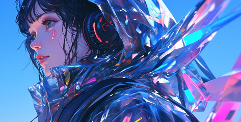 Futuristic Harajuku Fashion with Reflective Fabric and Transparent Jacket for Anime Girl - アニメガールのための反射生地と透明ジャケットを使用した未来的な原宿ファッション