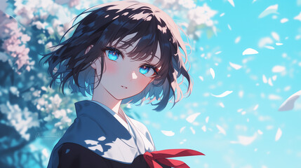 Vibrant Japanese Schoolgirl with Short Bob Haircut and Stunning Blue Eyes in Uniform