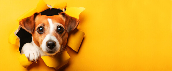 Portrait of a cute Jack Russell Terrier dog looking at camera through the torn hole in orange-yellow paper with copy space. Banner for animal food, veterinary clinic or advertisement. Generative Ai.