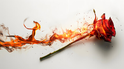 Naklejka premium rose with long stem on fire partially burnt. realistic. white background 