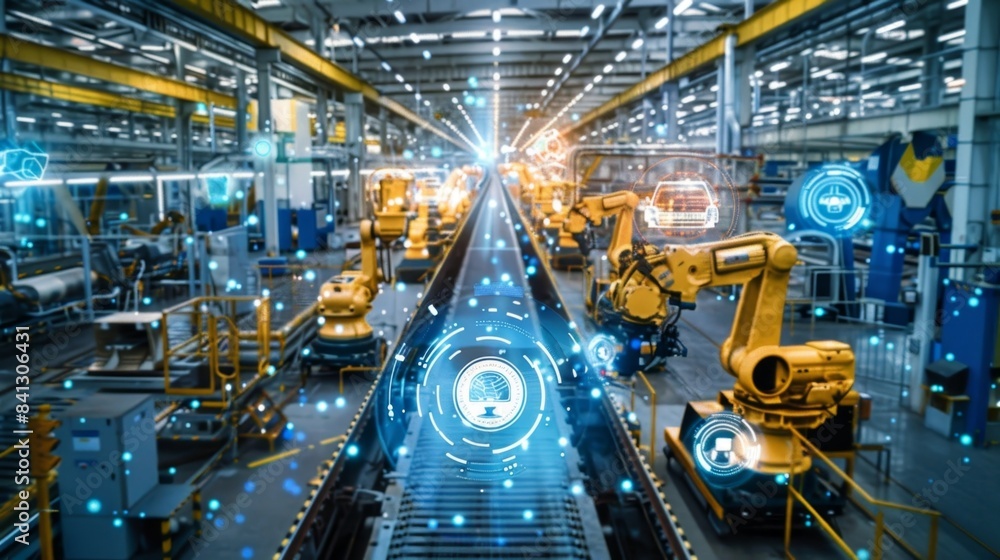 Aufkleber an industrial factory with iot sensors embedded in machinery constantly transmitting data to a centr