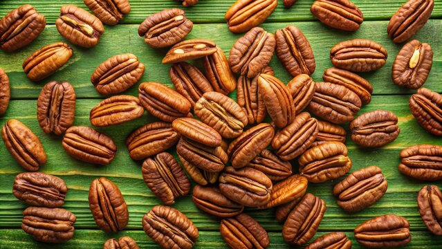 Pile of pecans on a green leaf background.